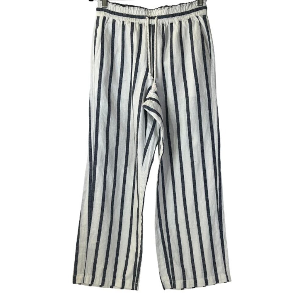 J Crew Factory Blue White Striped Wide Leg Linen Trousers Size 2